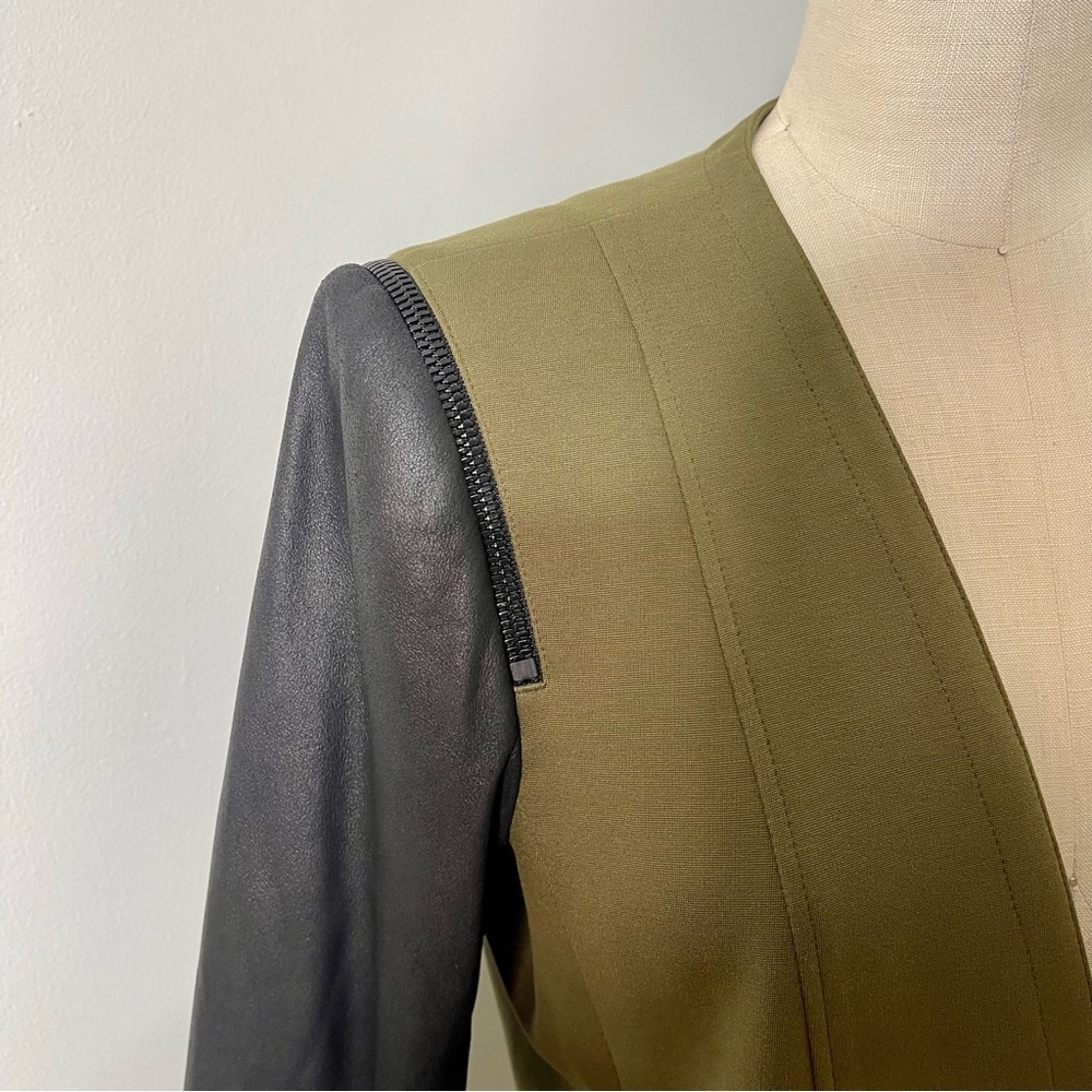 Theory Yaisa Pryor Leather Sleeve Blazer Jacket Olive Green & Black Large - Picture 11 of 16